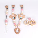 Wooden pram garland + bonus matching teether bracelet and dummy clip PINK BIRD