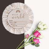 Birth announcement milestone plaque - boho wooden disc baby keepsake